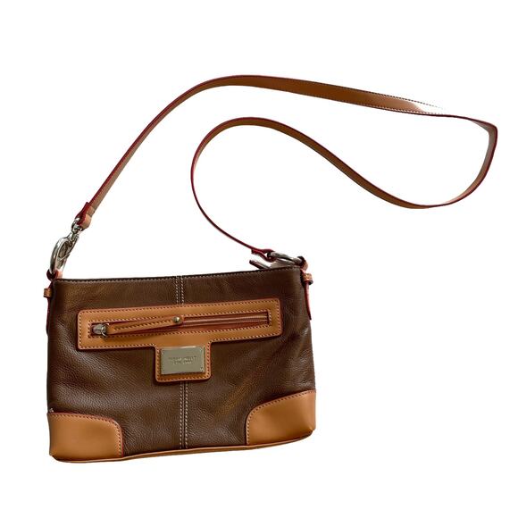 Tignanello Crossbody Bag Womens Brown & Natural Leather Colorblock Organizer - Picture 1 of 10